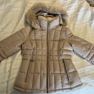 Calvin Klein light taupe puffer jacket size small with removable fur hood